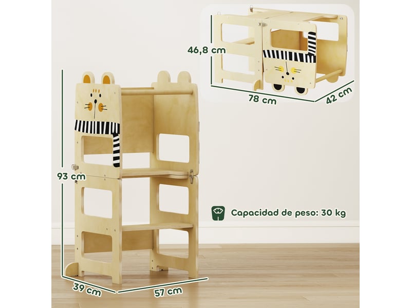  Tour d'apprentissage pliable 3 en 1 transformable en bureau et chaise, avec tableau noir et motif chat naturel  - Conforama D