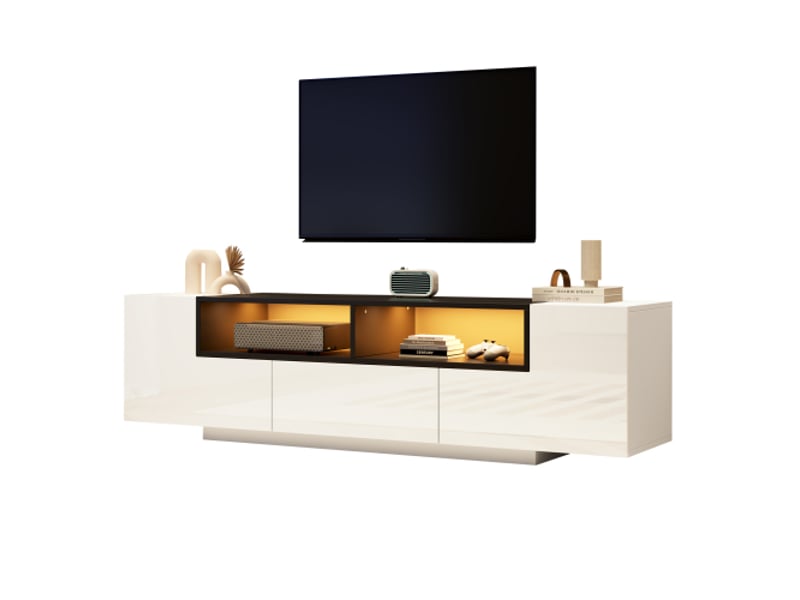  Vuenor meuble tv 180 x 40 x 48 cm blanc brillant et noir avec led et rangement  - Conforama A
