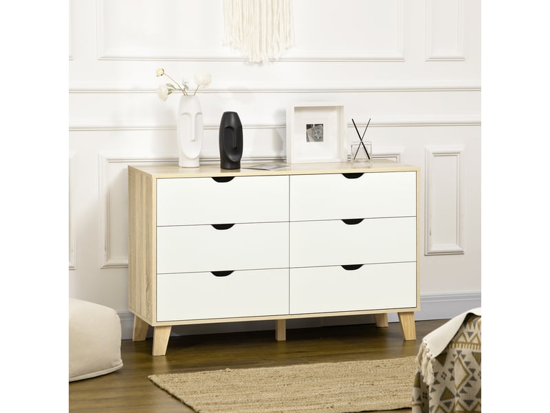  Commode à 6 tiroirs avec poignées en bois sculpté, 120 x 40 x 76 cm, blanc et chêne  - Conforama C