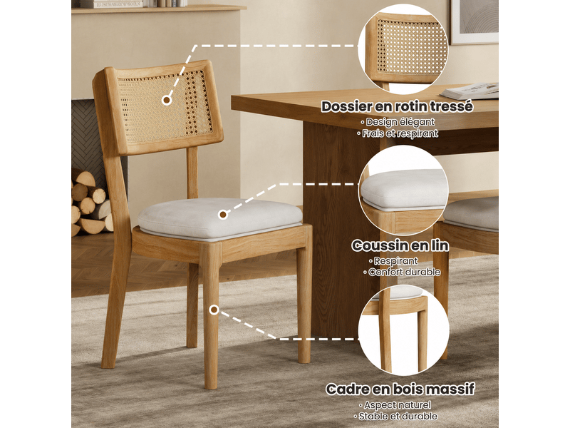 Lot de 4 chaises de salle à manger en bois et rotin, coussin en lin, coloris bois  - Conforama D