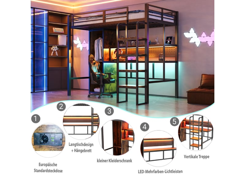 Lit mezzanine 90x200cm avec grand bureau et armoire - lit simple - led multicolore, panneau perforé, cadre en métal, noir - Conforama E