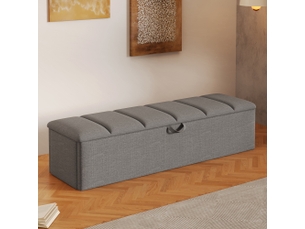 Banc coffre rembourré, 113 × 32 × 36 cm, gris, velours, rangement intégré, assise relevable, mobile, barrière ouvrante
