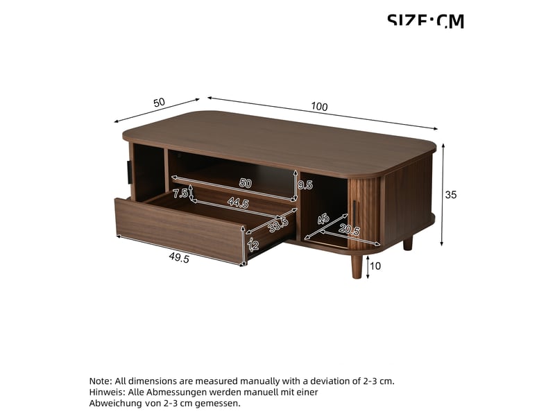  Table basse 100x50x35 cm avec 1 tiroir et 2 portes coulissantes coloris noyer  - Conforama C