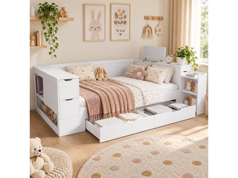  Lit coffre enfant 140x190 cm en bois avec tiroirs, étagères et rangement multifonctionnel - blanc  - Conforama E