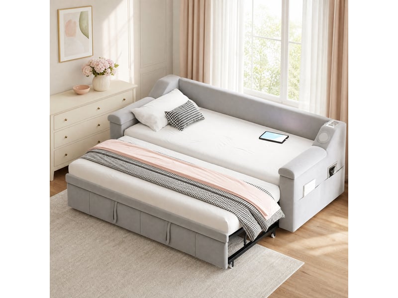Lit gigogne 90x190 cm extensible 180x190 cm en velours gris clair - Conforama B