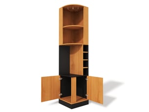 Meuble bar d’angle en mdf 40x40x182 cm, porte-verres inox, 4 casiers à bouteilles et placard bas pour cuisine et séjour
