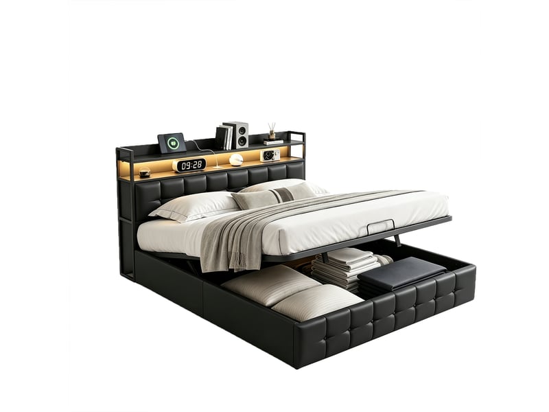  Lit double rembourré 160 x 200 cm avec éclairage led et ports usb, lit hydraulique avec espace de rangement et sommier à lattes, lit pour adolescent, pu, noir 231225HGY0102#ADGFCHWkTeDELLM - Conforama A