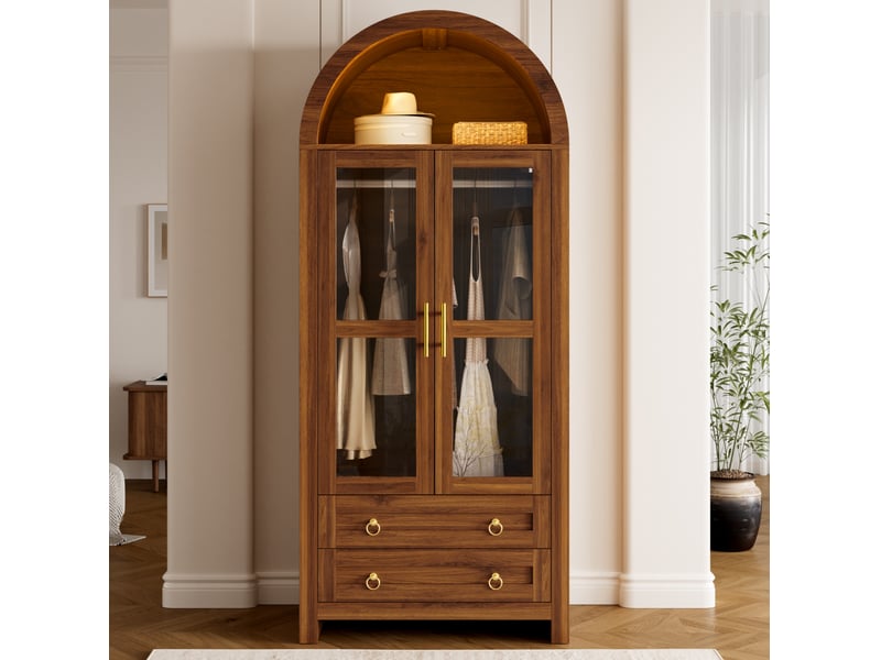  Armoire 76x50x185 cm à 2 portes vitrées, 2 tiroirs et led, finition noyer  - Conforama D