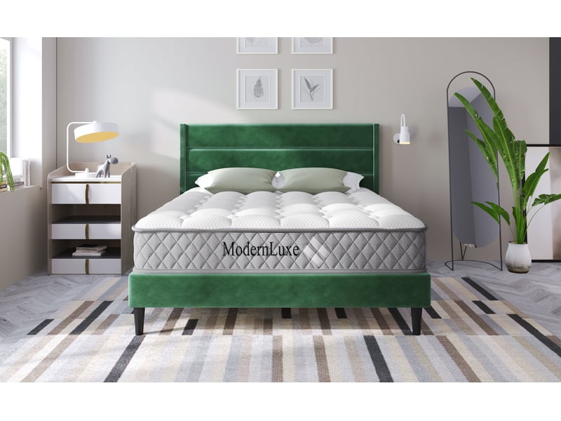  Lit adulte double 140x200 cm en velours vert foncé avec sommier et matelas h3  - Conforama W