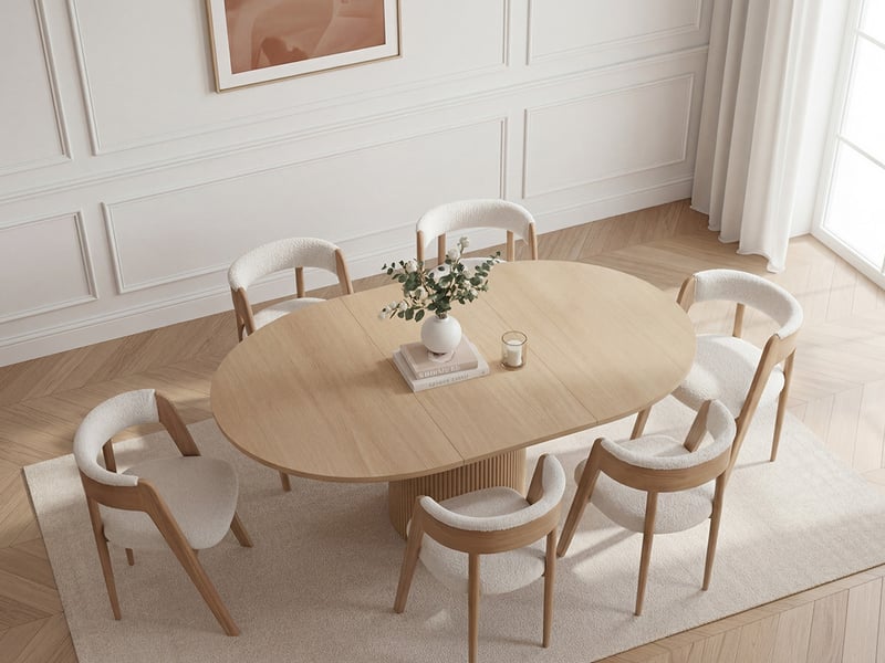 Bobochic ensemble sormiou avec table à manger ronde extensible 130 à 180 cm + lot de chaises bastide placage chêne massif marron clair SORMIOU - Conforama D