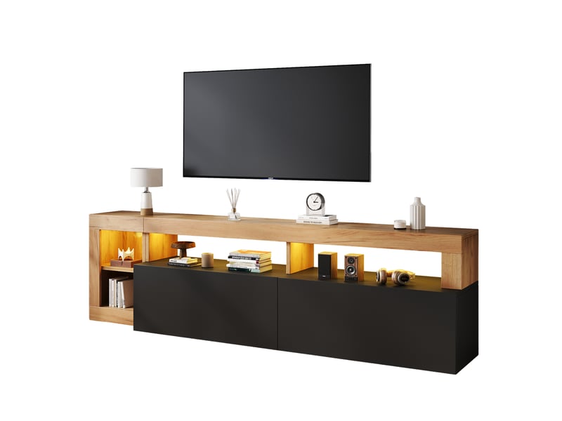  Meuble tv avec 2 portes abattantes, 3 niches et led, style moderne pour salon, 184×42×58 cm, noir et bois  - Conforama A