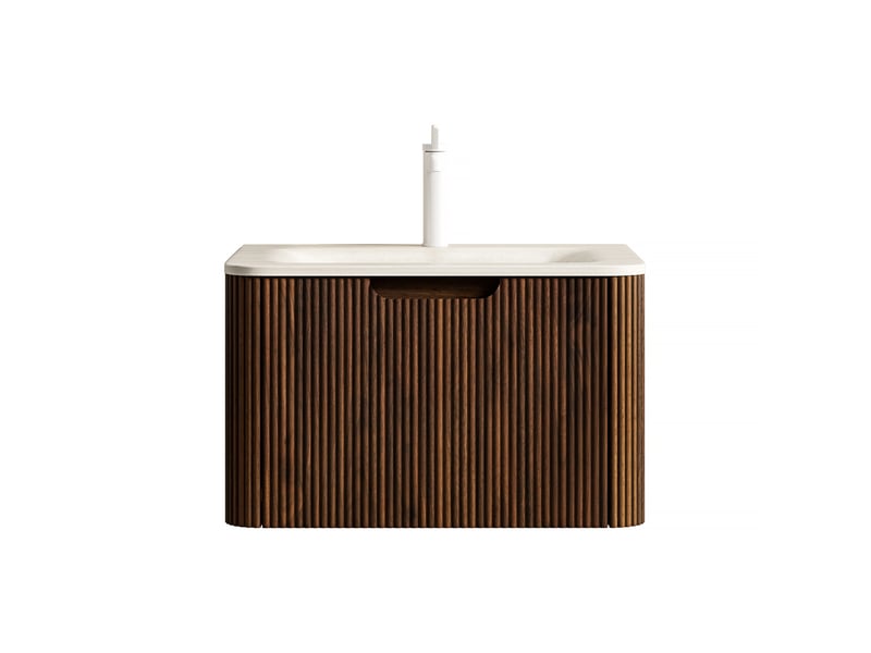  Meuble sous vasque avec tiroir led et vasque intégrée en pierre frittée pour salle de bain, beige et noyer, 68×54×49 cm  - Conforama A