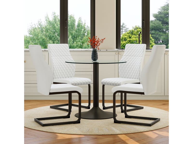  Ensemble table et chaises avec 1 table ronde et 4 chaises  - verre, métal et pu - transparent, noir, blanc  - Conforama B