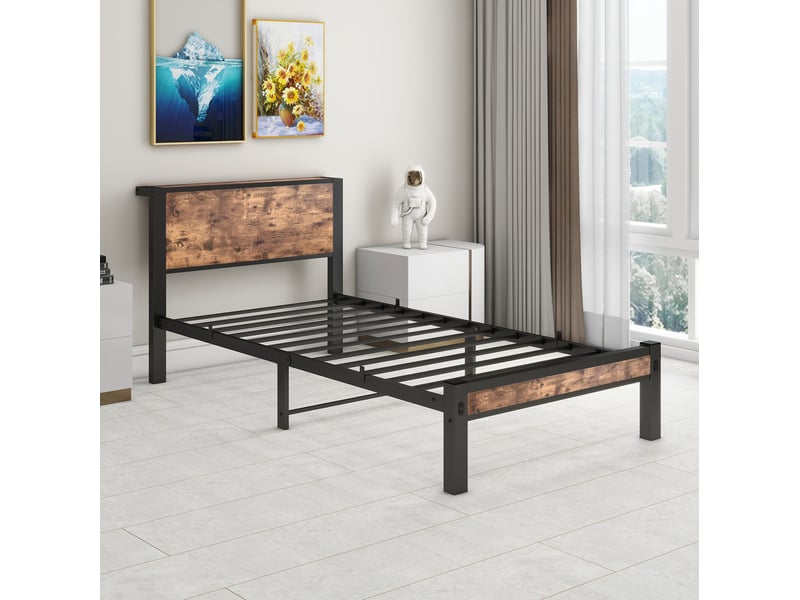 Lit simple 90x200 cm, lit jeune, finition noir+marron, métal et mdf, rangement sous lit 27 cm - Conforama D