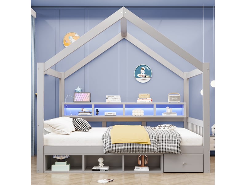  Lit cabane 140x200 cm gris avec rangements, tiroirs et éclairage led  - Conforama D