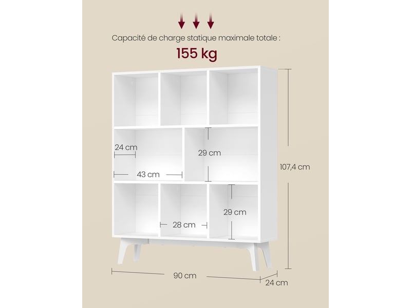  Bibliothèque de rangement en cube 90 x 24 x 107,4 cm pour salon bureau style moderne en aggloméré blanc 12_0013140  - Conforama B