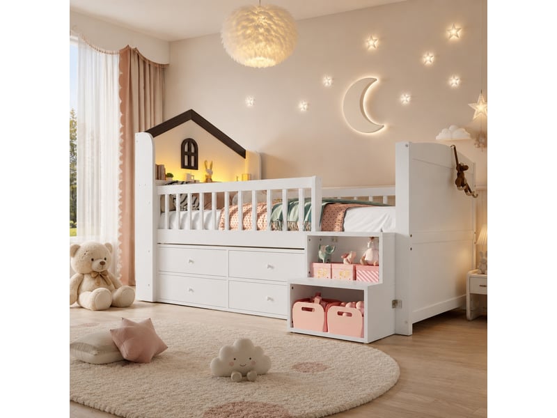  Lit semi-hauteur enfant 90 x 200 cm maison avec fenêtre, 4 tiroirs, échelle de rangement et led, blanc  - Conforama C