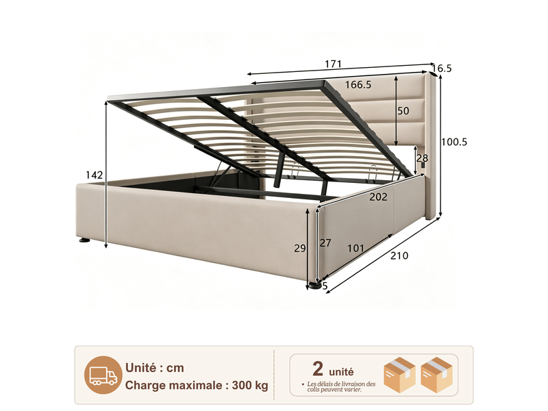  Lit coffre 160x200 cm avec rangement, lit double rembourré en lin - cadre de lit hydraulique - capacité de charge 350 kg, lin beige  - Conforama C