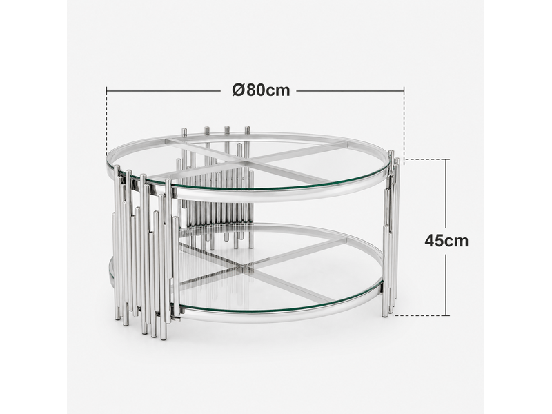  Table basse ronde 80x80x45 cm avec double niveau en métal argenté et transparent, élégant, pour salon, design moderne  - Conforama C