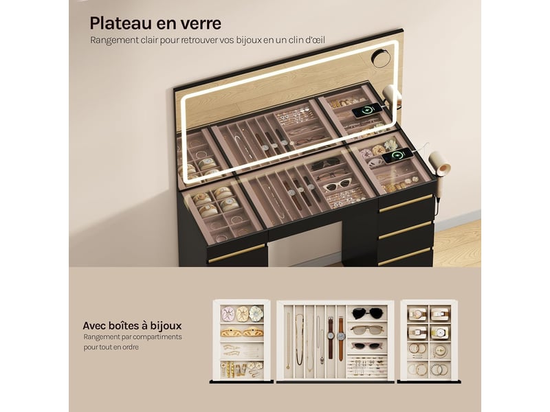  Coiffeuse avec miroir led, 11 tiroirs, station de charge, plateau en verre，112x40x133 cm，noir+doré  - Conforama D