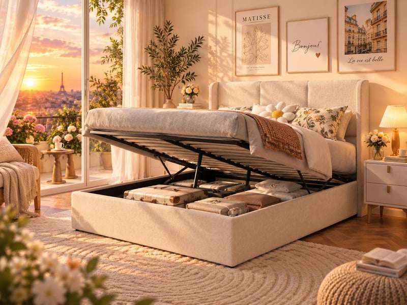  Lit 2 places 140×190 cm – lit coffre –  dossier capitonné - sommier à lattes – lin beige  - Conforama B
