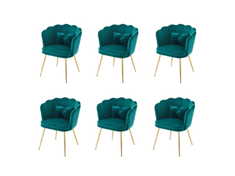  Lot de 6 chaises de salon, chaise rembourrée avec dossier en pétale, pieds en métal plaqué or et coussin papillon, vert, en velours  - Conforama A
