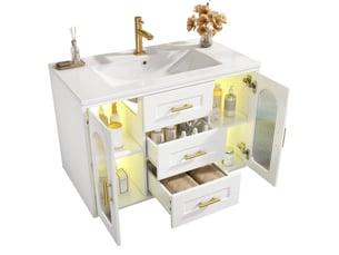 Meuble sous vasque mural 76x46x55 cm blanc effet bois avec vasque et led
