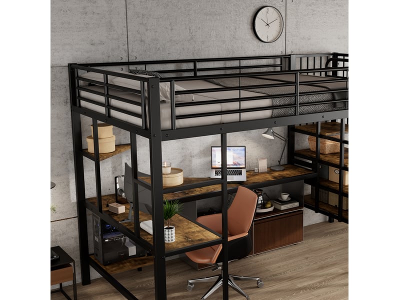  Lit mezzanine métal 120x200 bureau intégré escalier angle sécurisé prise intégrée métal mdf noir et noyer sans matelas  - Conforama D