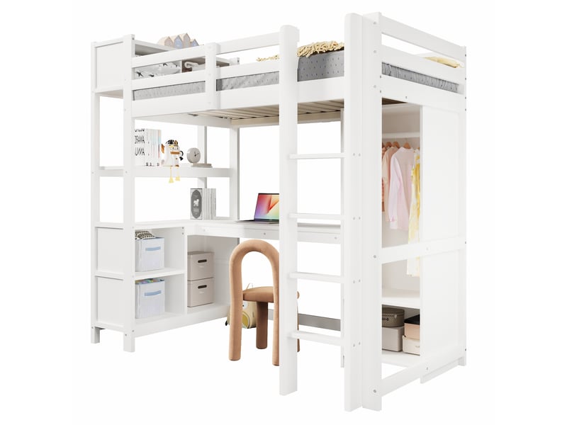 Lit mezzanine enfant avec bureau 90x200 cm, armoire et étagères, lit surélevé avec rangements et garde-corps, en pin et mdf, blanc - Conforama A