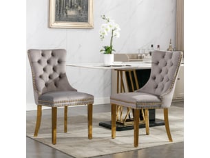 Lot de 2 chaises de salle à manger en velours gris pieds dorés capitonnées clous tapissier