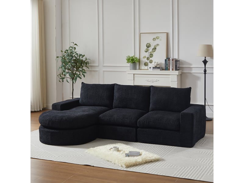  Canapé d’angle modulable avec méridienne réversible 4 modules - lpospi - coussins double épaisseur chenille noir 250 × 160 × 80 cm  - Conforama B