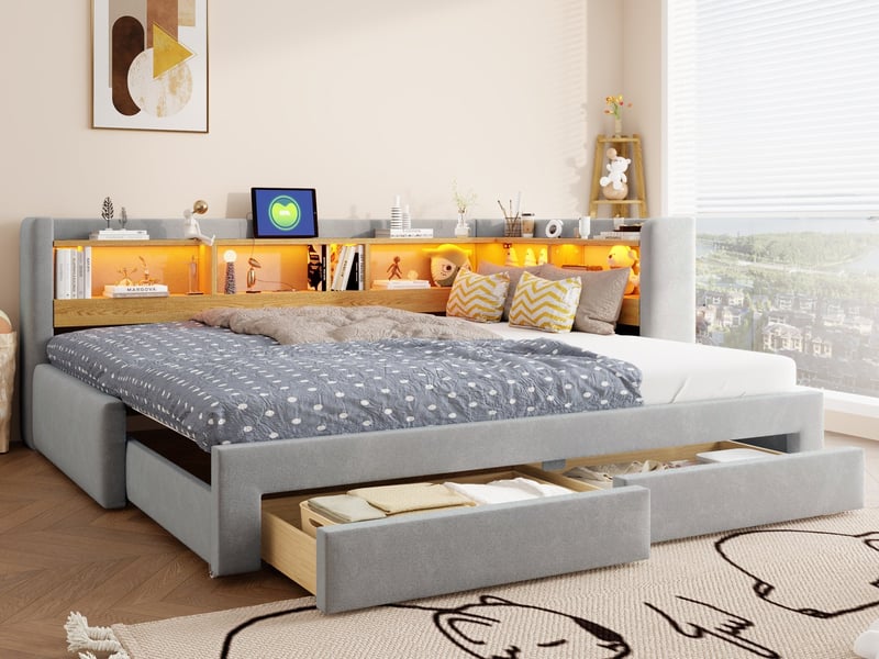 Lit gigogne, 90 x 200 cm, banquette-lit 3-en-1 avec tiroirs, lit en forme de l avec éclairage led et prise électrique, gris - Conforama B