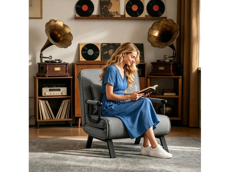  Fauteuil convertible avec dossier réglable et fonction lit en lin gris foncé  - Conforama D