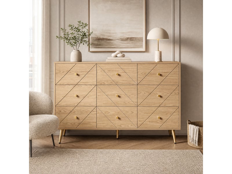 Commode 9 tiroirs 120x39x80 cm à motifs géométriques, coloris bois naturel - Conforama B