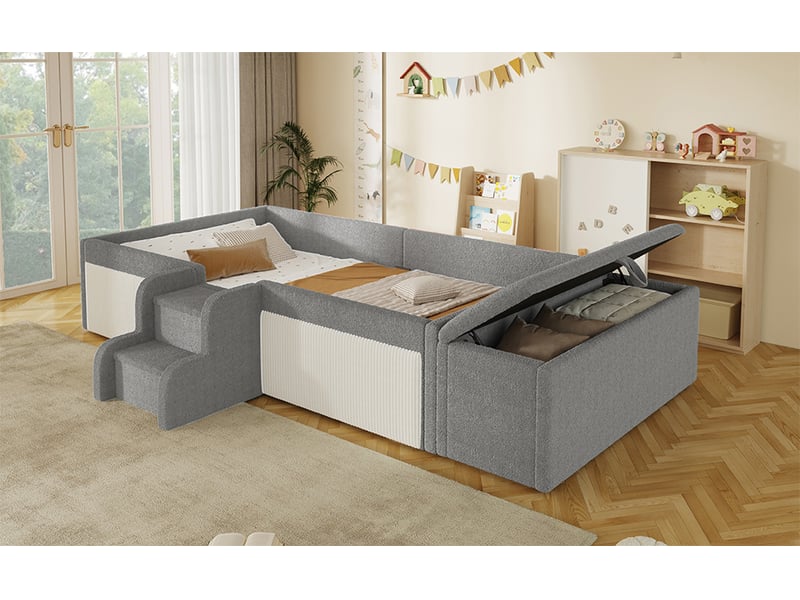 Lit enfant 90 x 190 cm, banc coffre mobile, escalier 2 marches, contours rembourrés, sommier à lattes inclus, revêtement bouclé, gris et blanc Luxe haut de gamme - Conforama W