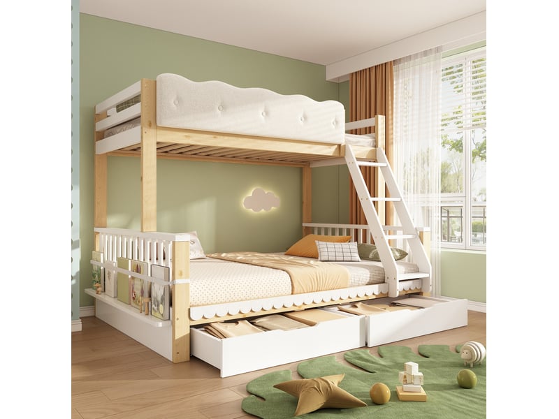  Lit superposé 90x200+140x200 cm 2 tiroirs et porte revues en bois blanc et chêne  - Conforama C