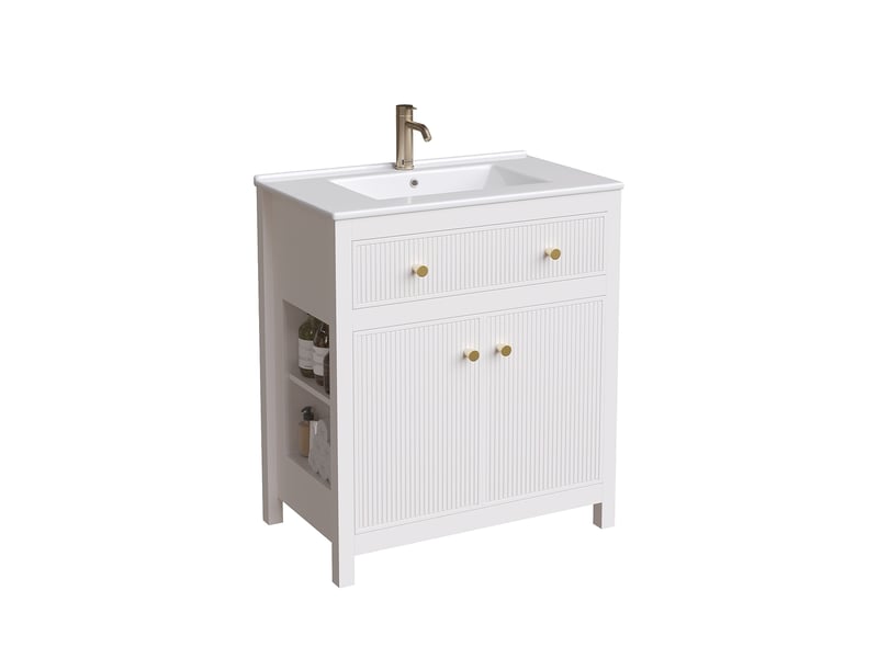  Meuble sous vasque avec 1 porte, 1 tiroir et vasque en céramique, fermeture douce, blanc, 81 × 46,5 × 86,5 cm  - Conforama A