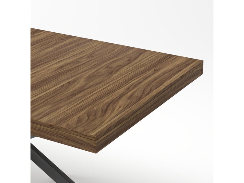  Table à manger extensible 140-180 x 80 cm avec rangement dissimulé, plateau mdf effet noyer, pieds métal noir en x, 4 à 6 places  - Conforama D