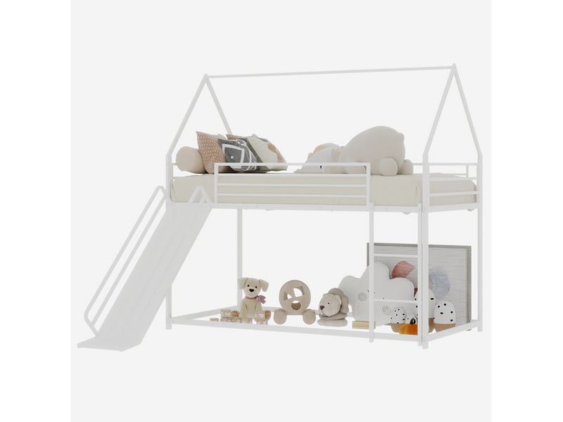  Lit superposé 90x190cm maison avec toboggan, garde-corps hauts, structure en fer stable, 1 sommier, blanc, sans matelas  - Conforama R