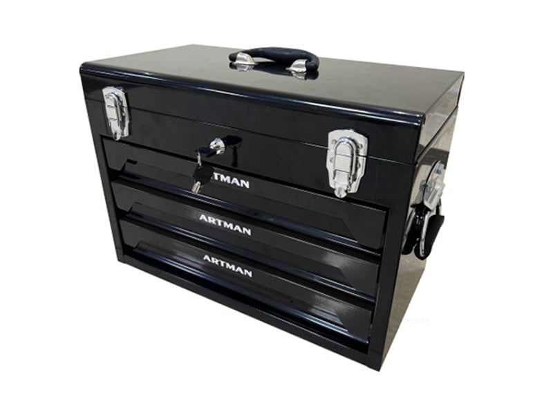  Coffre à outils en acier 50 x 27 x 35 cm noir, 3 tiroirs à glissières à billes et poignée de transport  - Conforama D