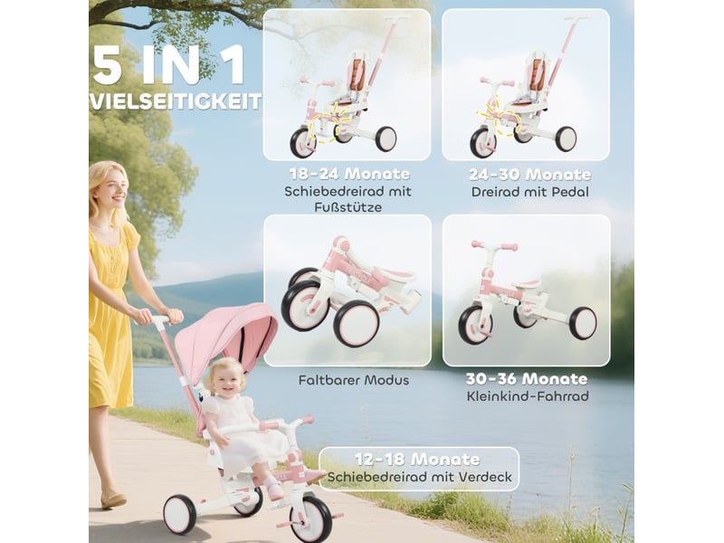  Tricycle enfant 5-en-1 réglable rose  - Conforama C