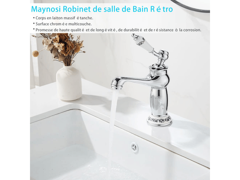  Robinet de lavabo style victorien chromé avec poignée céramique - contrôle eau chaudefroide - installation facile avec flexibles inclus  - Conforama B