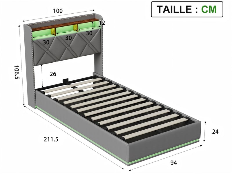  Lit coffre 90x200 cm - led intégrée et rangement - tête de lit avec étagères - sommier relevable  - Conforama C