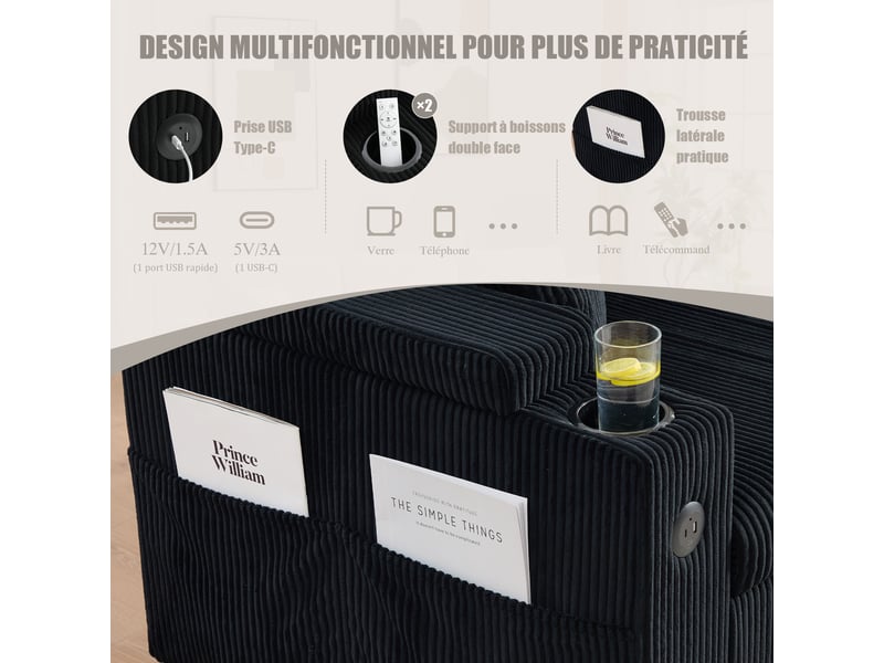  Canapé d’angle 3 places en corde avec rangement, porte-gobelets et usb-c, chaiselongue hydraulique et lit tiroir, design moderne et confortable  - Conforama E