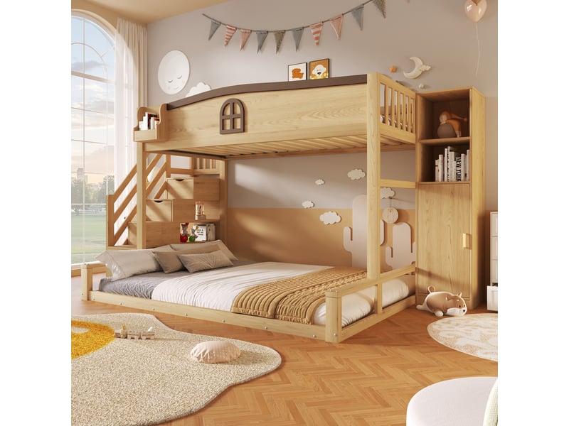  Lit superposé enfant 90x200140x200 cm, 3 couchages, escalier avec rangements, armoire intégrée, fenêtre décorative, pin et mdf naturel  - Conforama B