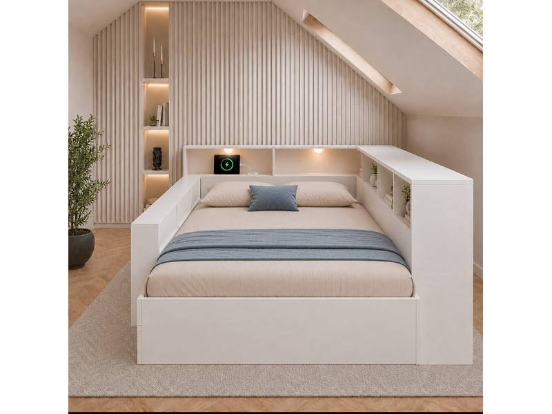  Lit double modenvie 140 x 190 cm avec rangement, éclairage de lecture et ports usb, blanc  - Conforama E