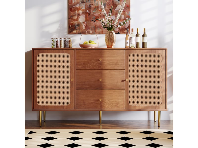  Buffet de cuisine design avec 2 portes et 3 tiroirs, 150 × 40 × 90 cm, effet noyer  - Conforama D