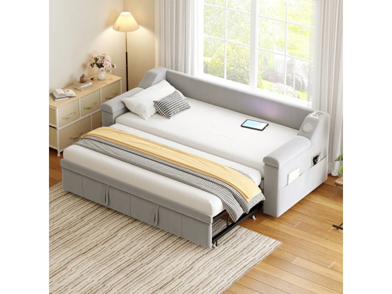  Lit gigogne 90x190 cm, lit enfant avec accoudoirs, système stéréo bluetooth et prise usb, tissu en velours gris, sans matelas  - Conforama B