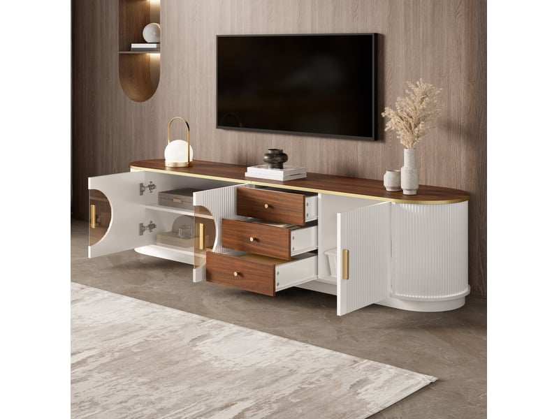  Meuble tv tcqpz 180 x 40 x 46 cm blanc en mdf avec rangement et gestion des câbles  - Conforama E