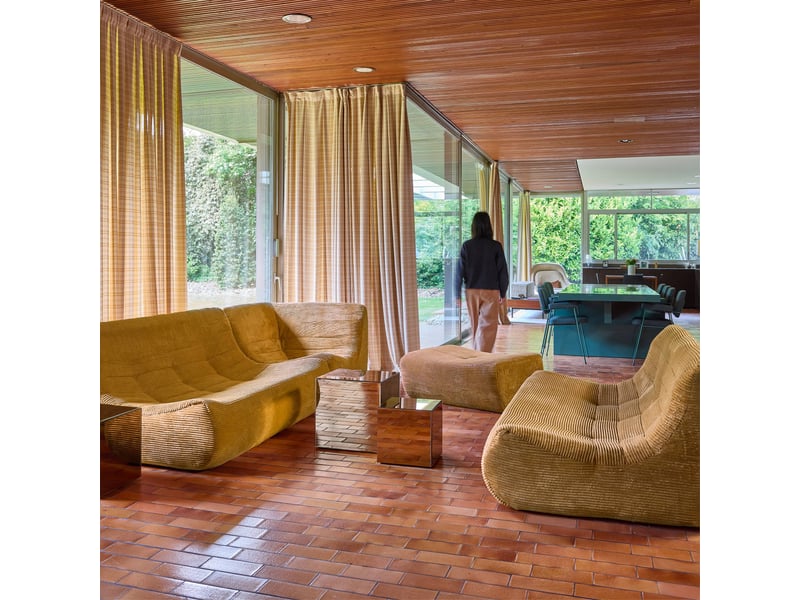  Canapé d'angle modulable 7 places avec repose pied velours côtelé moutarde - sokol  - Conforama E